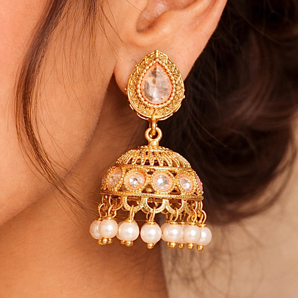 Beruzu - Indian Gold-Plated Meenakari Jhumka Earrings with Pearl Droplets