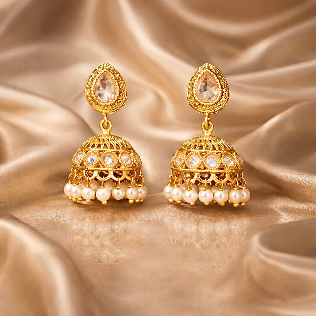 Beruzu - Indian Gold-Plated Meenakari Jhumka Earrings with Pearl Droplets