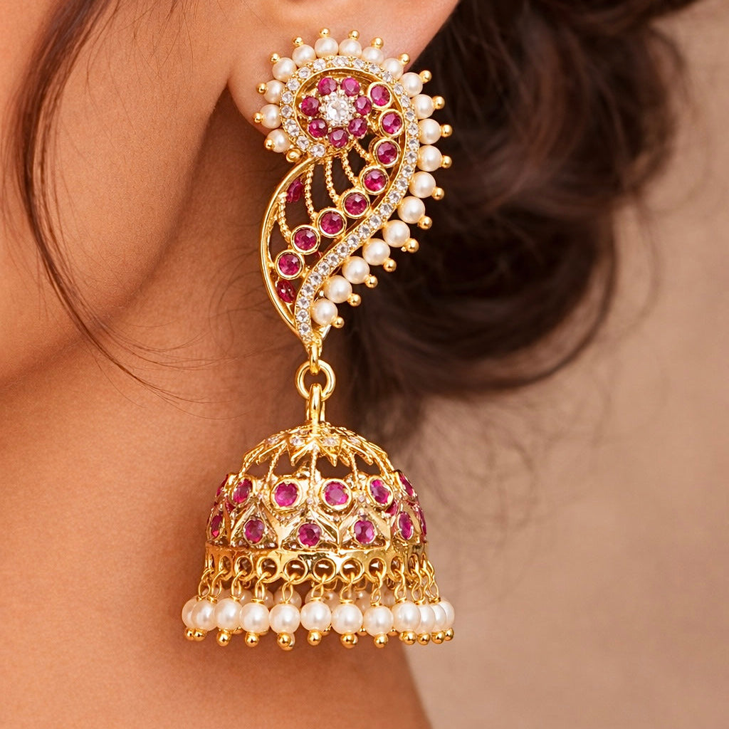 Beruzu - Indian Royal Paisley Ruby and Pearl Jhumka Earrings