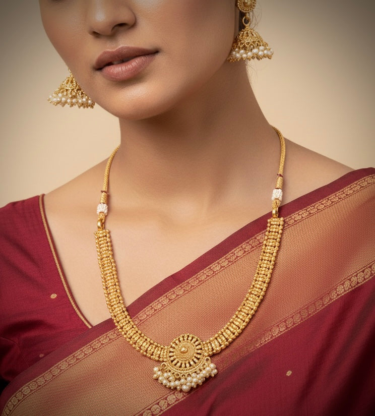 Beruzu - Antique Classic Gold Pearl Necklace Set with Jhumka Earring