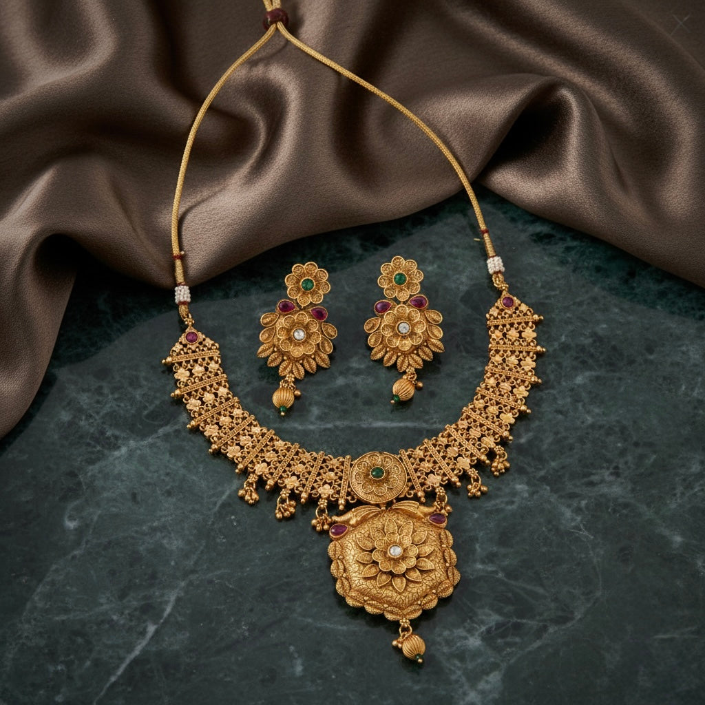 Beruzu - Antique Gold Floral Ruby Green Choker Set with Earrings