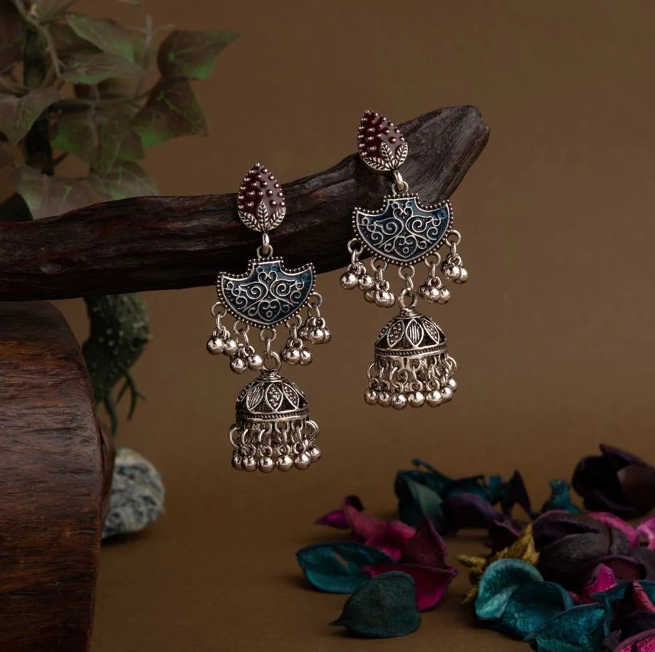 Beruzu - Antique Enamel Jhumki Earrings with Contrasting Floral Accents in Green and Red