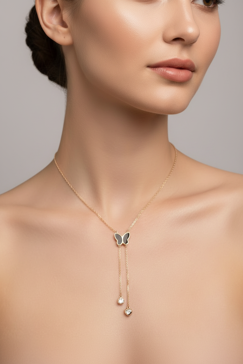 Beruzu - Butterfly Drop Necklace with Crystal Accents – Gold Tone