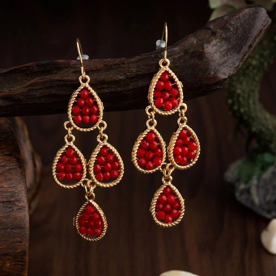 Beruzu - Indo-Western Cascading Water Drop Earrings with Twisted Gold Wires and Beads in Black or Red