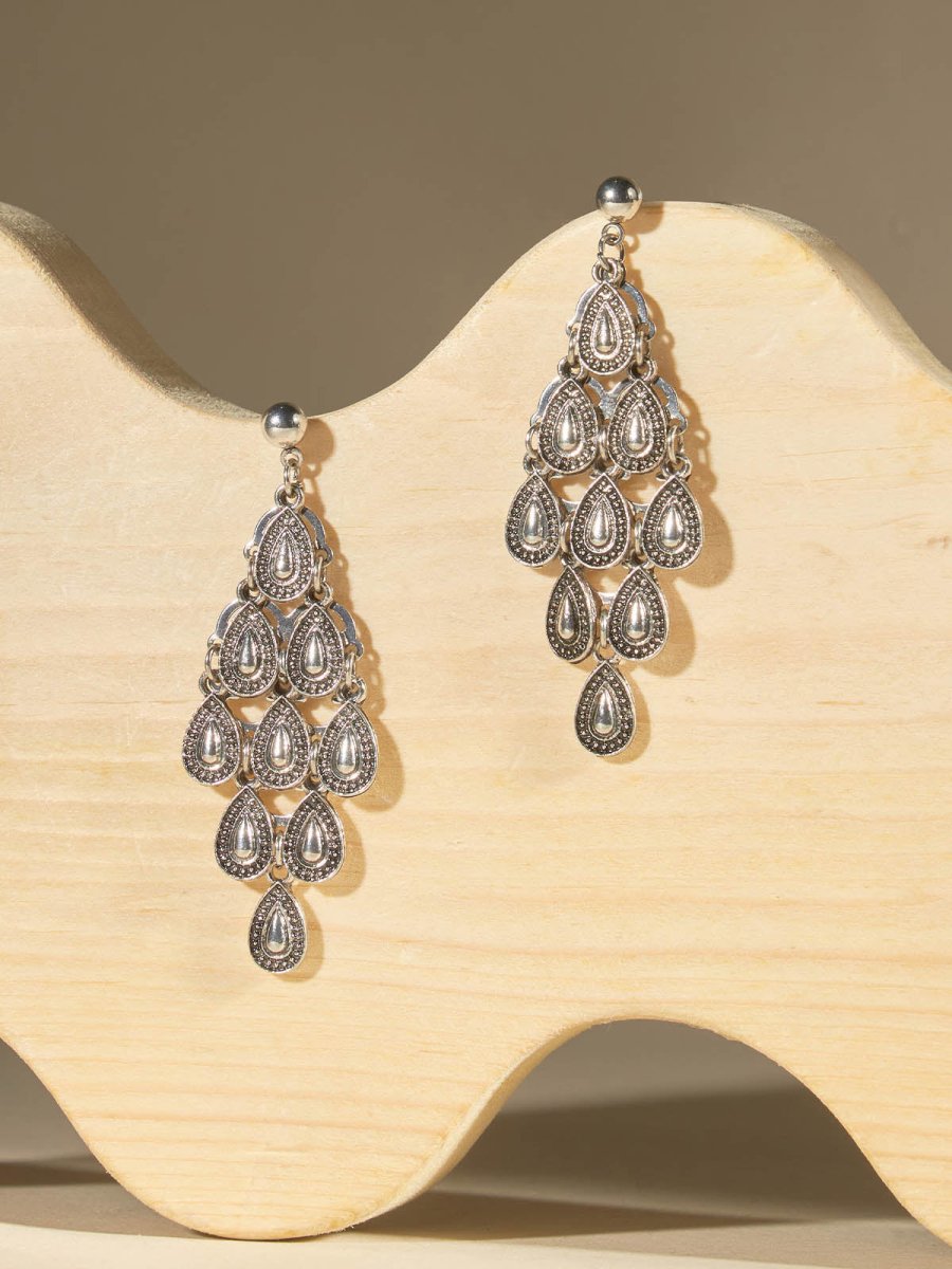 Beruzu - Antique Cascading Dew Drop Earrings in Silver and Gold with Artistic Detail