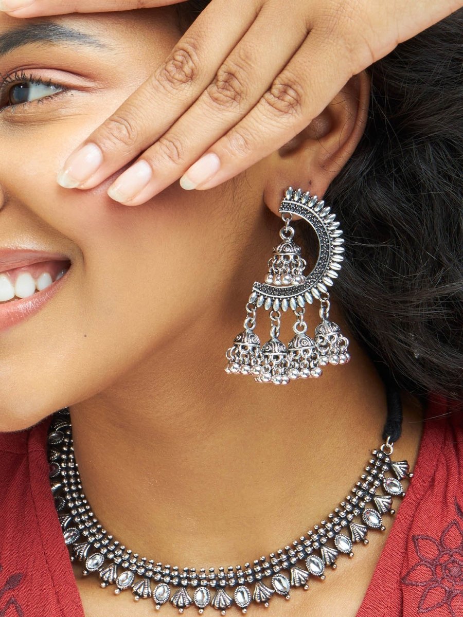 Beruzu - Antique Elegance Floral Half-Circle Jhumki Earrings in Gold and Silver Finish - Beruzu Fashion