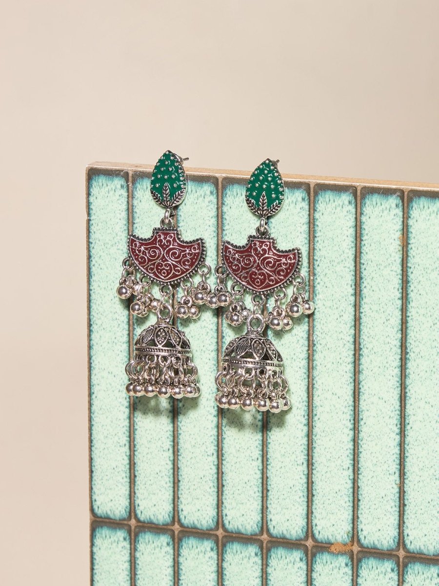 Beruzu - Antique Enamel Jhumki Earrings with Contrasting Floral Accents in Green and Red