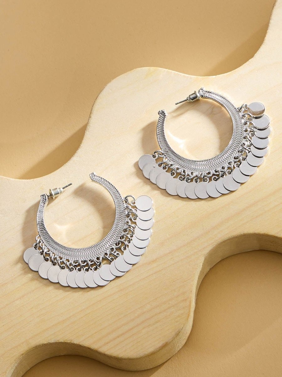 Beruzu - Artisan Crafted Silver Hoop Earrings with Close-Hanging Circular Charms