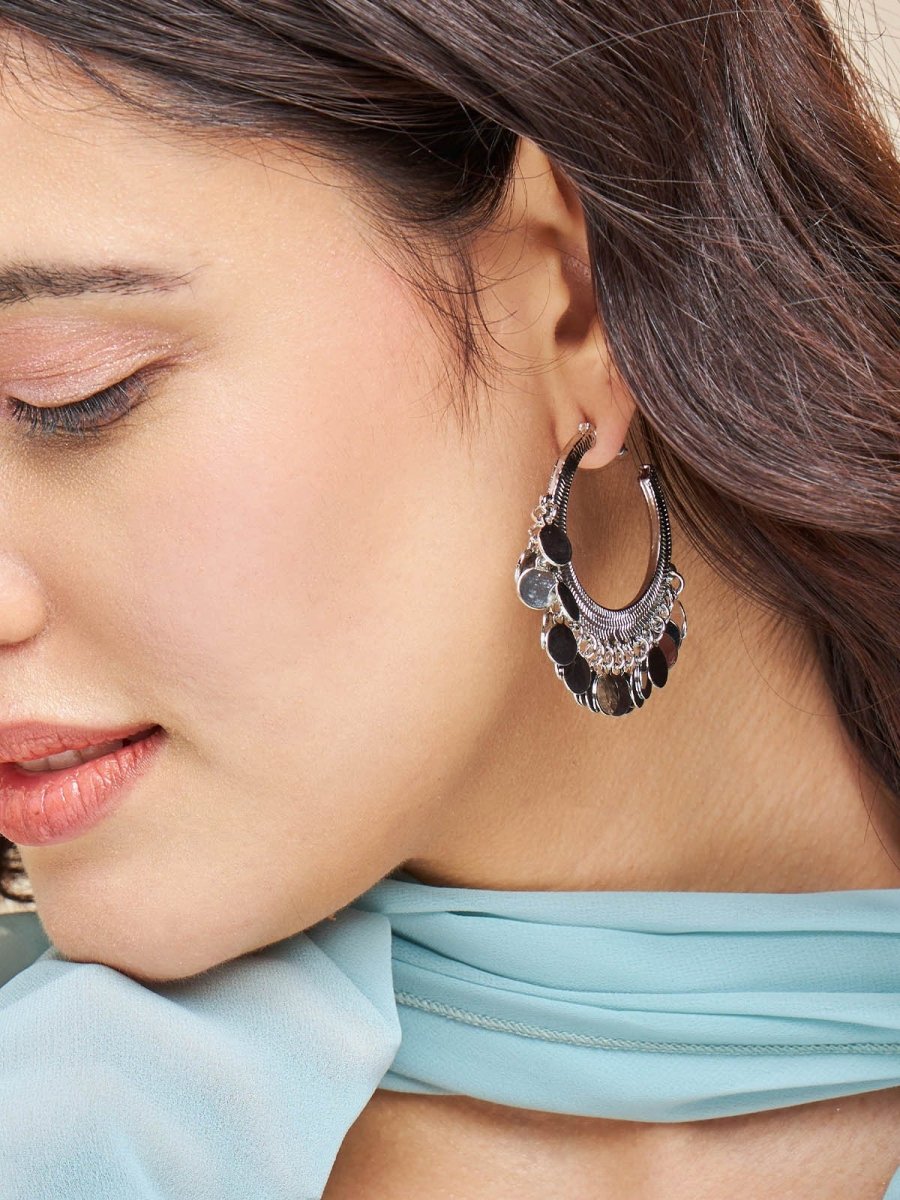 Beruzu - Artisan Crafted Silver Hoop Earrings with Close-Hanging Circular Charms - Beruzu Fashion