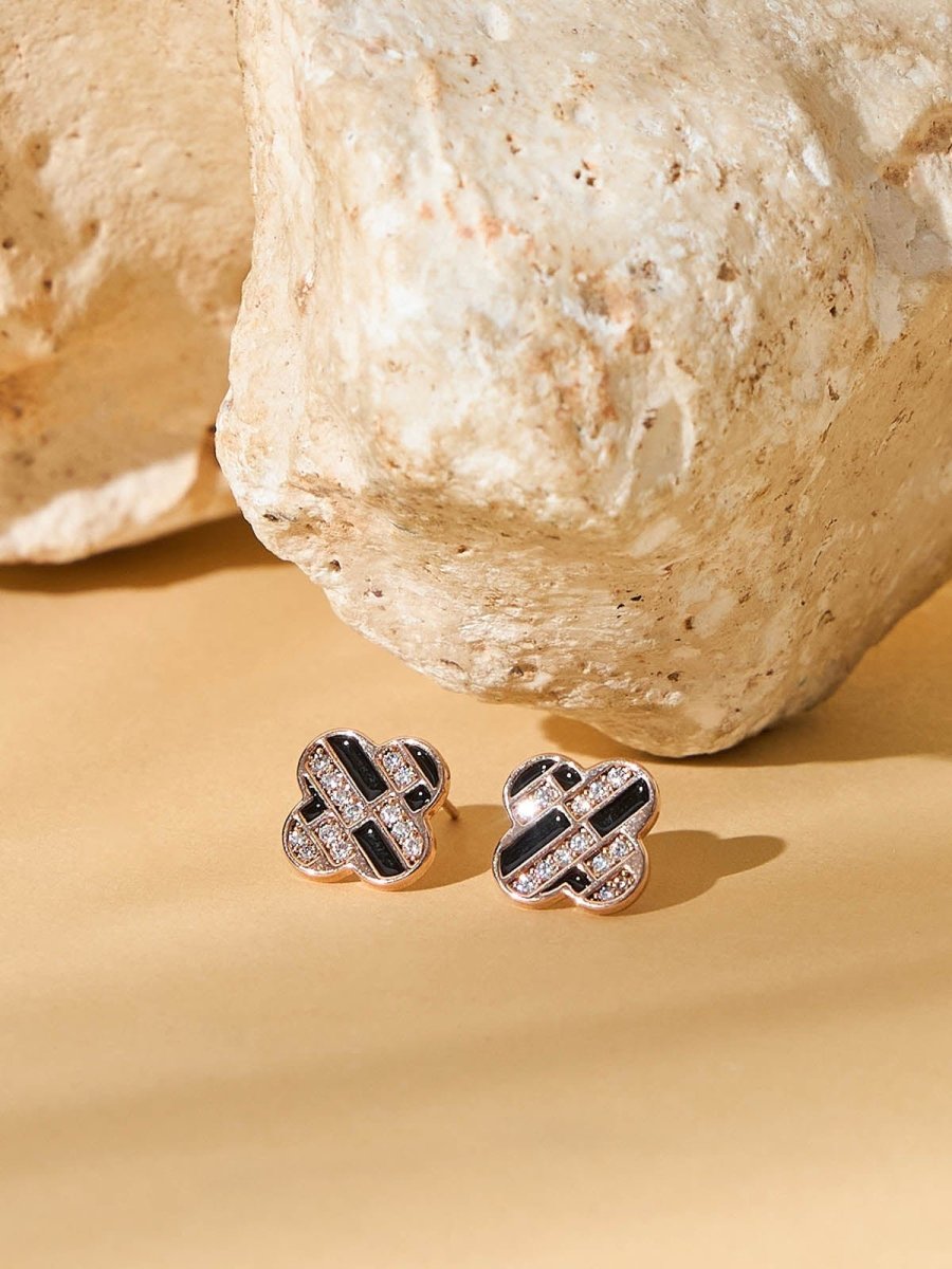 Beruzu - Clover-Shaped Stud Earrings in Gold and Rose Gold with Crystal and Enamel Pattern