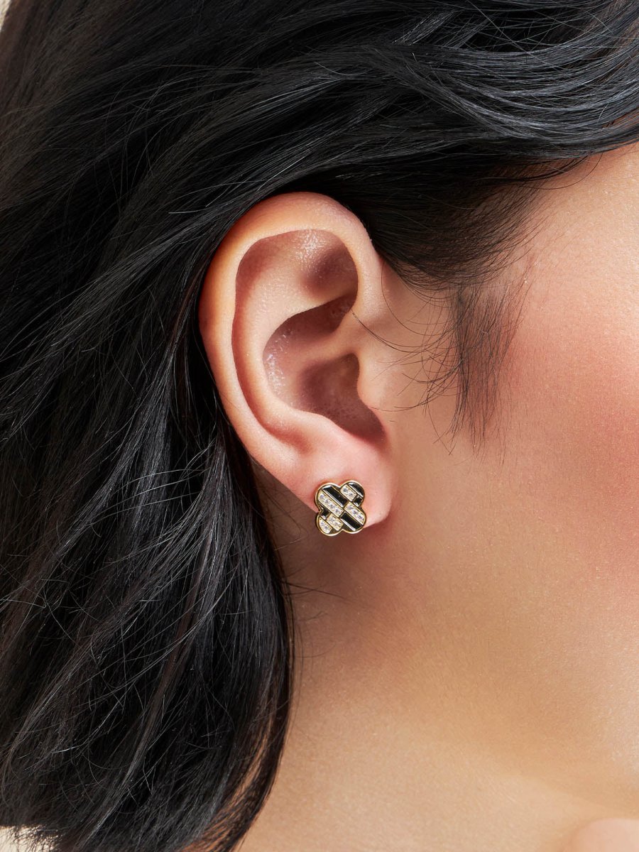 Beruzu - Clover-Shaped Stud Earrings in Gold and Rose Gold with Crystal and Enamel Pattern - Beruzu Fashion