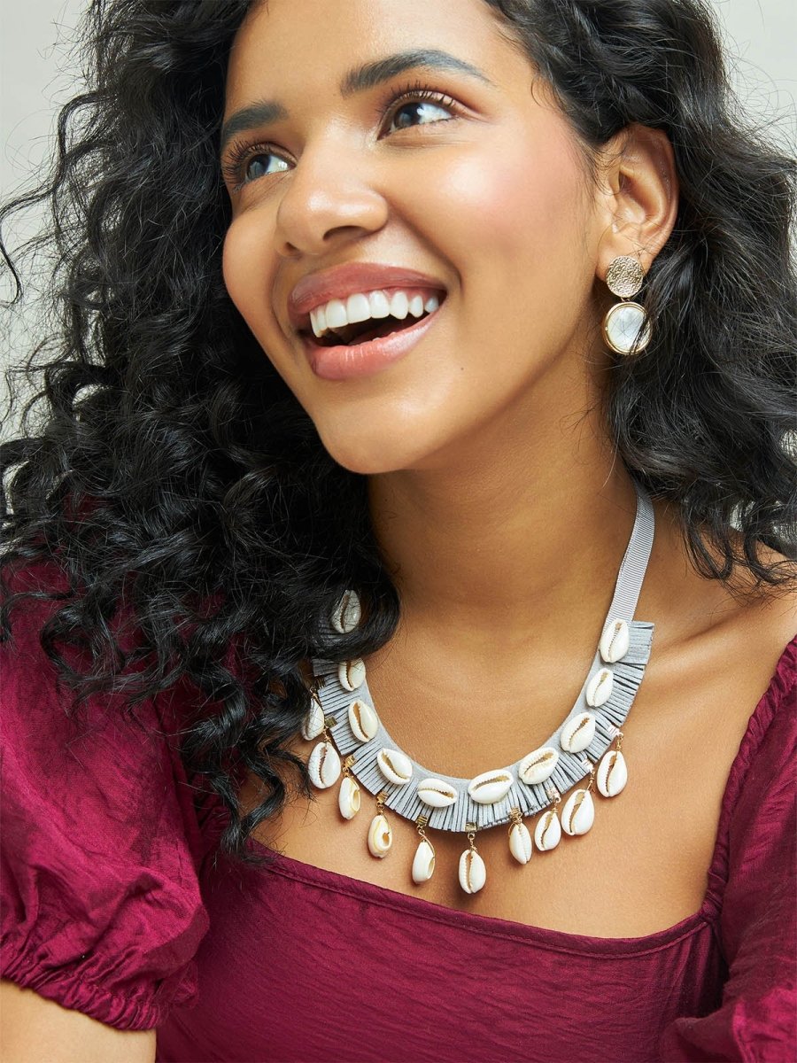 Beruzu - Coastal Serenity Cowry Shell Choker Necklace in Light Grey - Beruzu Fashion