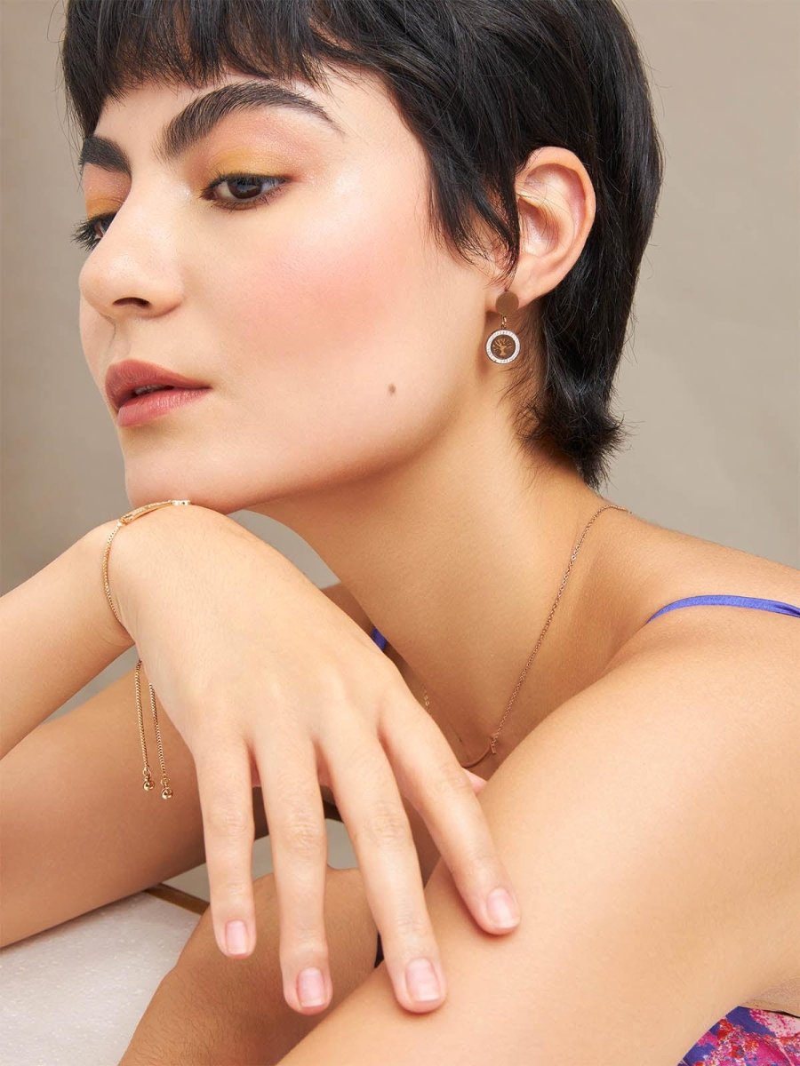 Beruzu - Copper Finish Earrings with White Stone Perimeter and Carved Tree Design - Beruzu Fashion