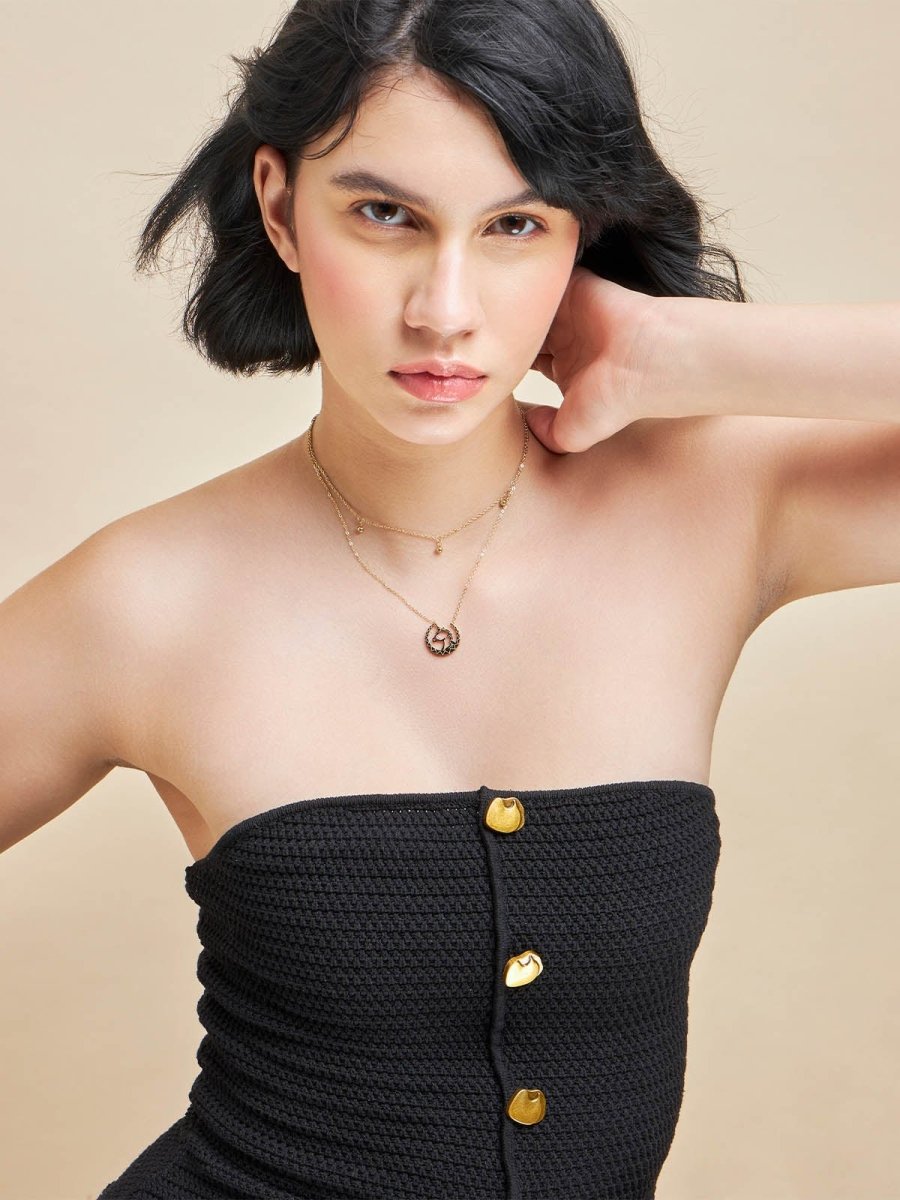 Beruzu - Double-Layered Gold Finish Chain Pendant with Black Enamel Modern Moon Design - Beruzu Fashion