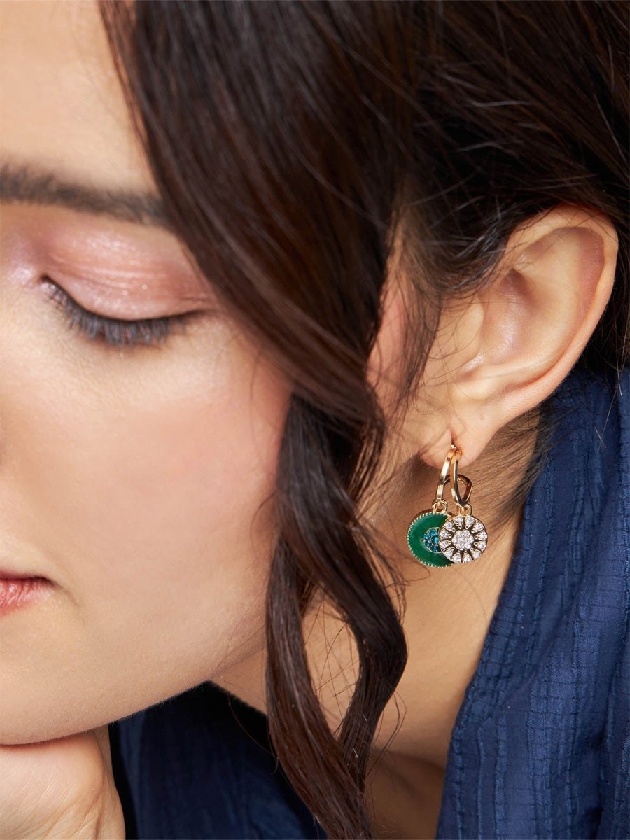 Beruzu - Dual Hoop Gold Earrings with Contrasting Gemstone Pendants in Green and Blue - Beruzu Fashion