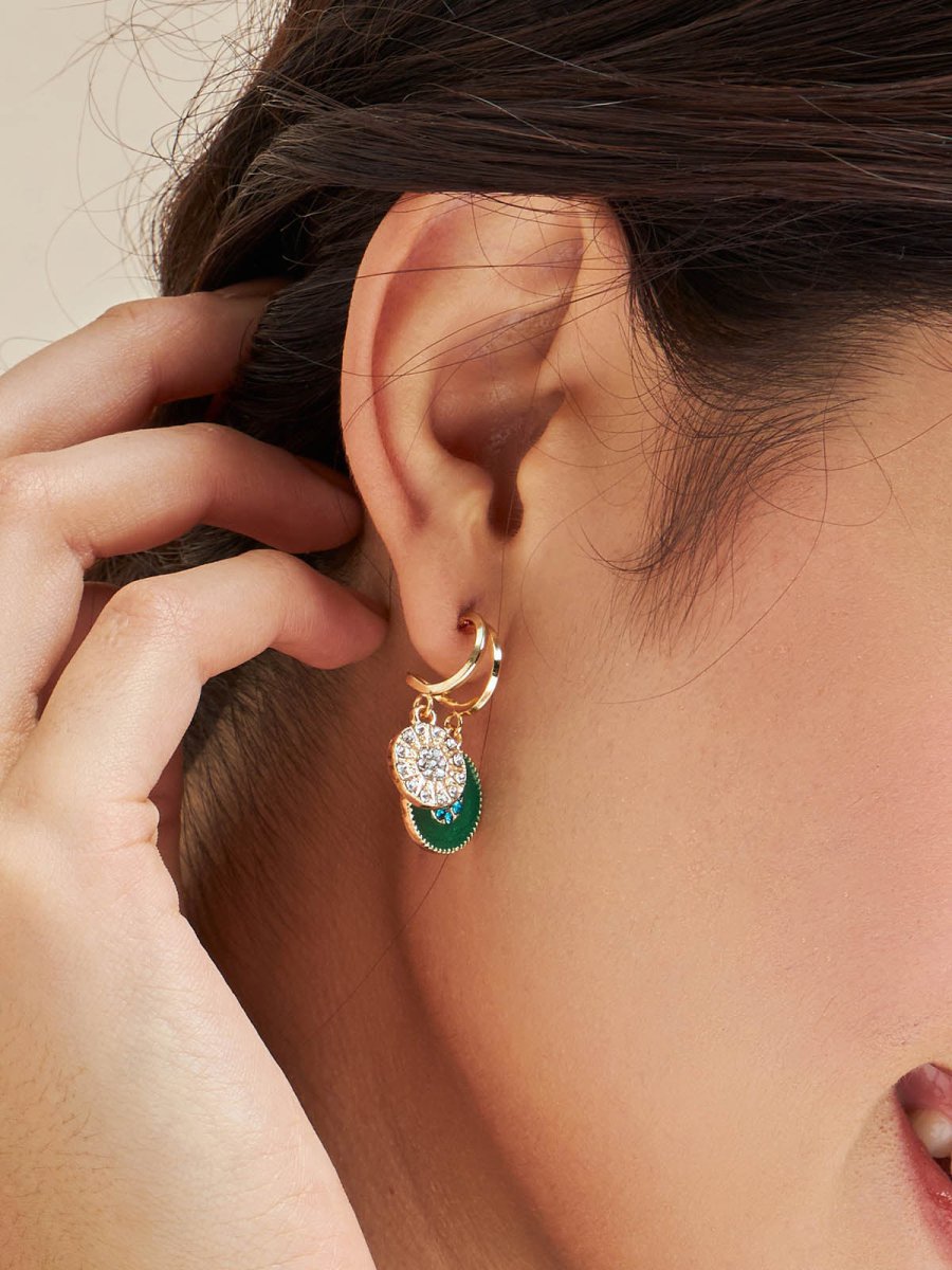 Beruzu - Dual Hoop Gold Earrings with Contrasting Gemstone Pendants in Green and Blue - Beruzu Fashion