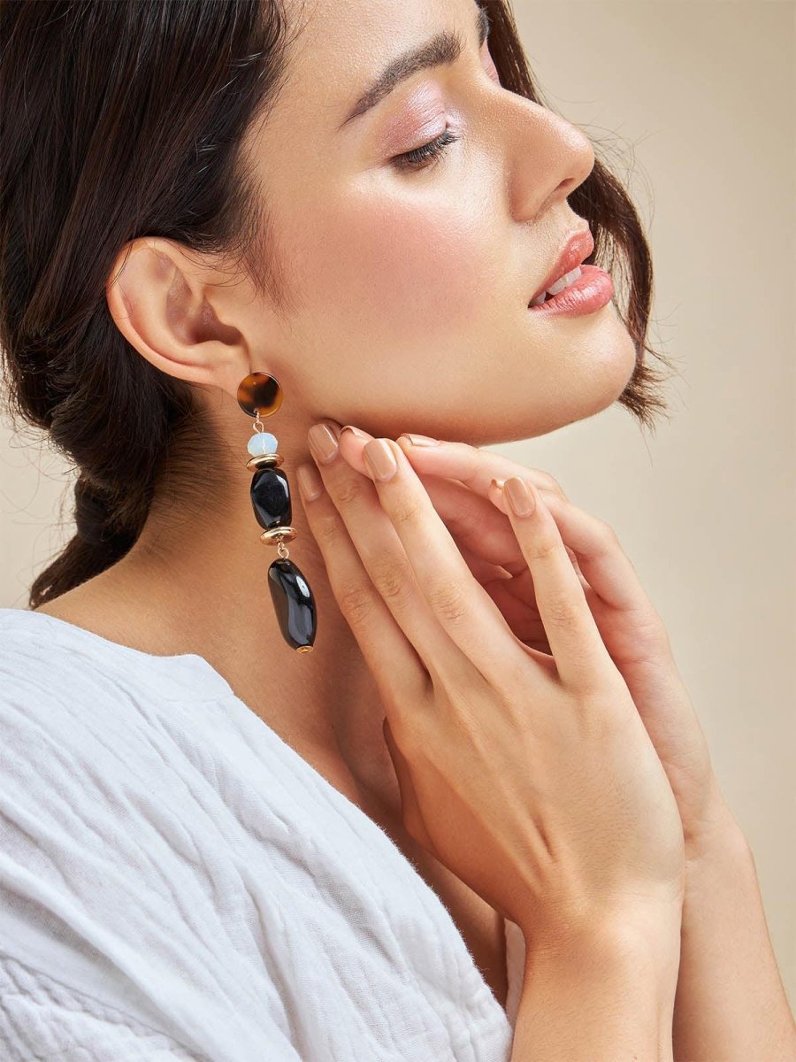 Beruzu - Elegant Long Drop Earrings with Black and White Bead Accents - Beruzu Fashion