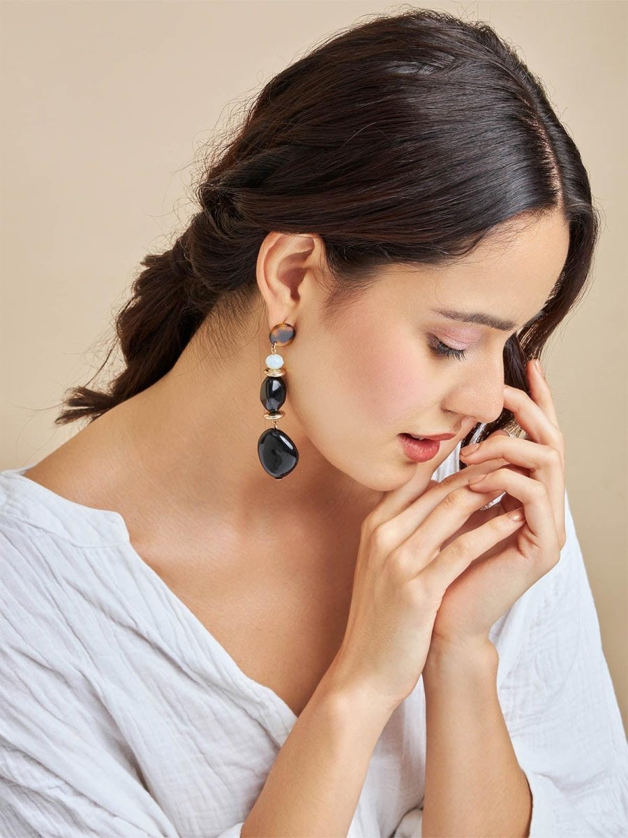 Beruzu - Elegant Long Drop Earrings with Black and White Bead Accents - Beruzu Fashion
