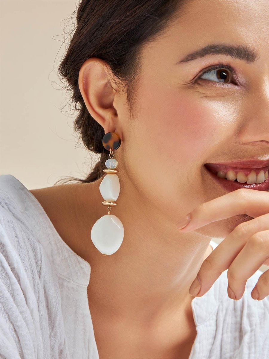 Beruzu - Elegant Long Drop Earrings with Black and White Bead Accents - Beruzu Fashion