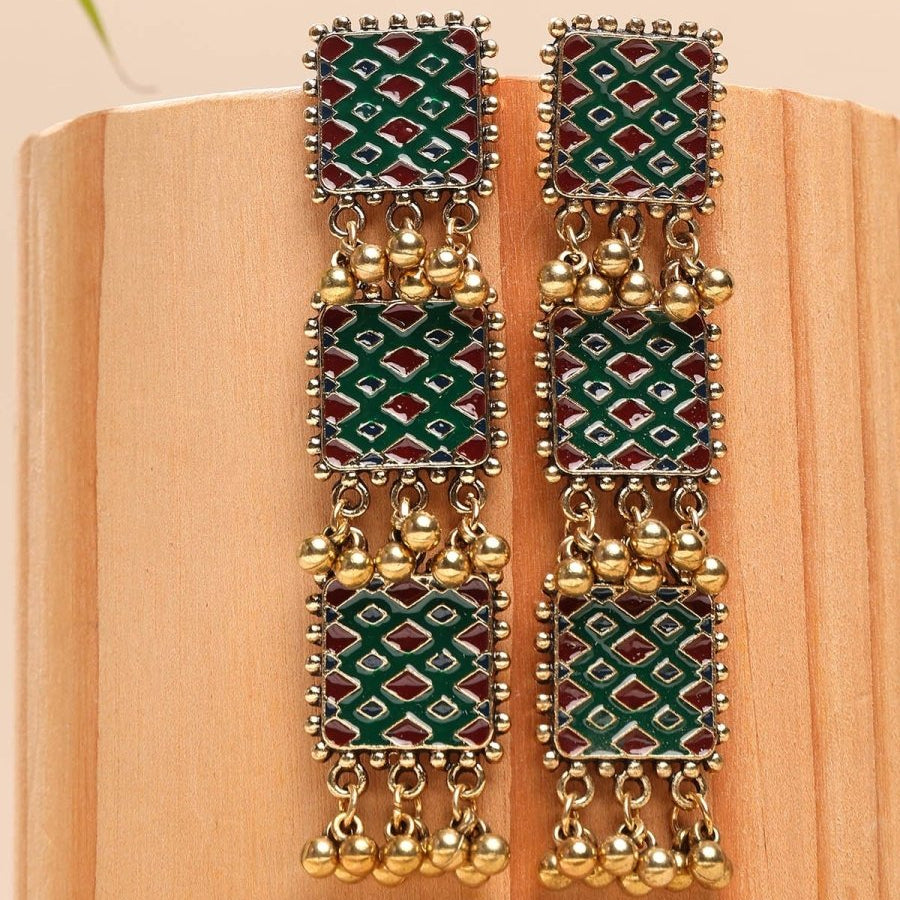 Beruzu - Elegant Tiered Enamel Dangle Earrings with Geometric Accents