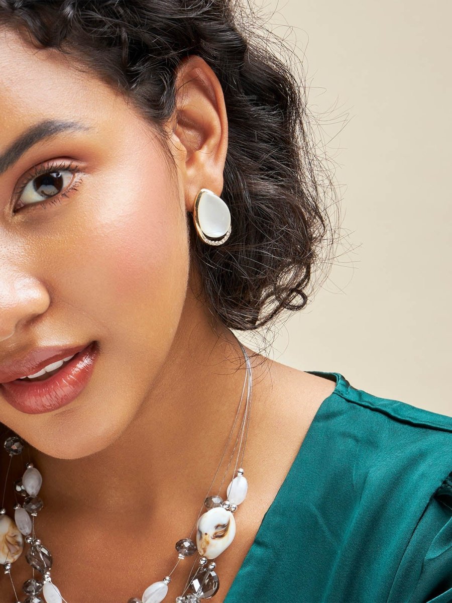 Beruzu - Gold Finish Water Drop Earrings with White Stone and Crystal Accents