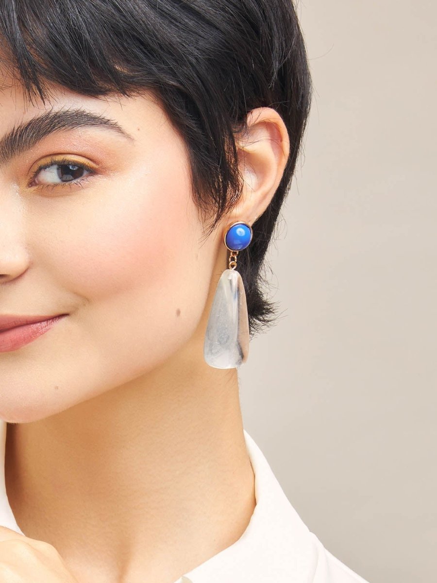 Beruzu - Gold Plated Earrings with Blue Stone and Transparent Triangular Drop