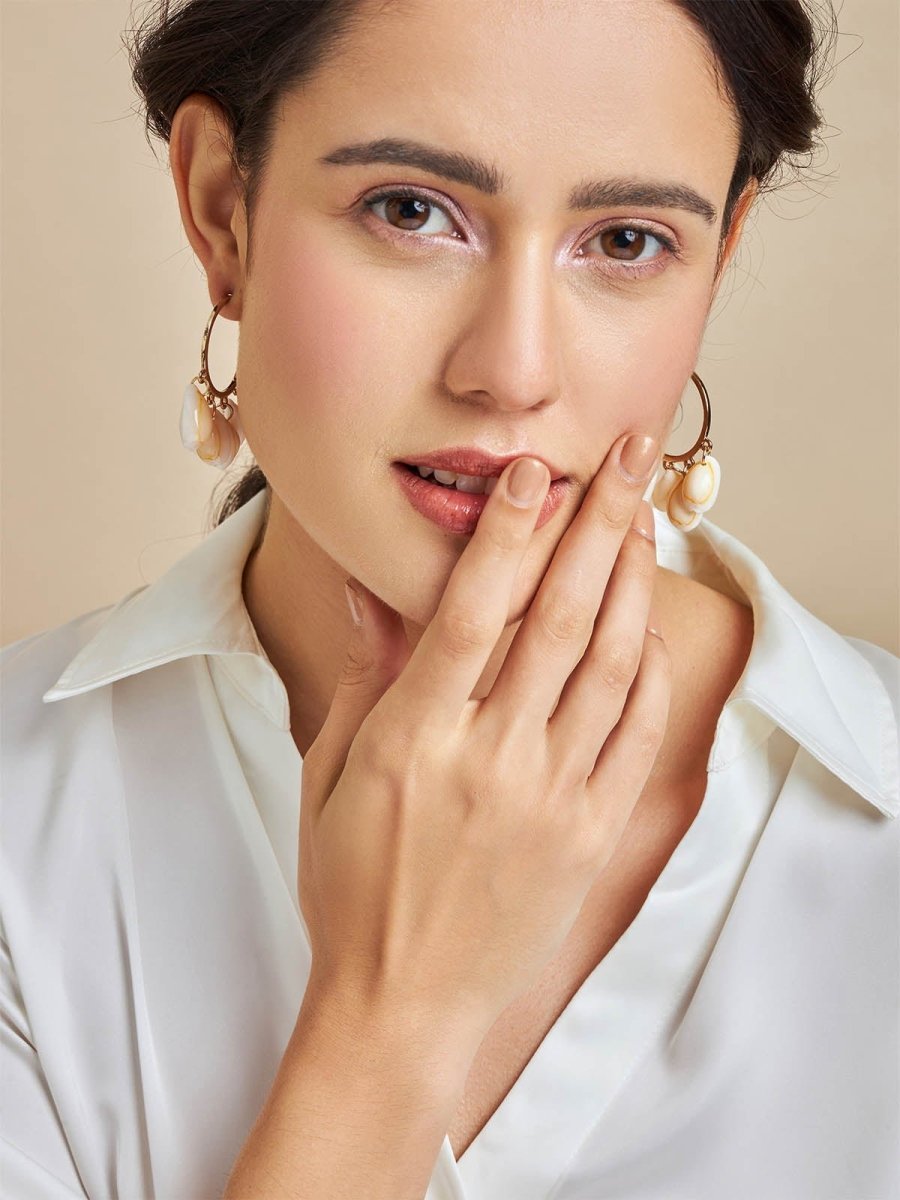 Beruzu - Gold-Plated Ring Earrings with Hanging Cowry Sea Shells - Beruzu Fashion