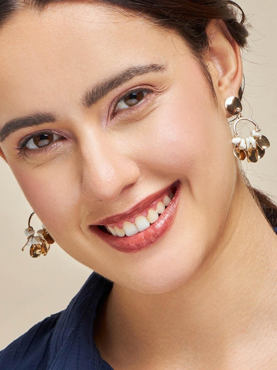 Beruzu - Indo-Western Crystal Bead Charm Earrings in Gold with White and Red Options - Beruzu Fashion