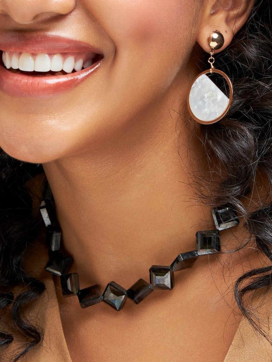 Beruzu - Indo-Western Gold Crescent Earrings with Marble-Inspired Acrylic in Black and White - Beruzu Fashion