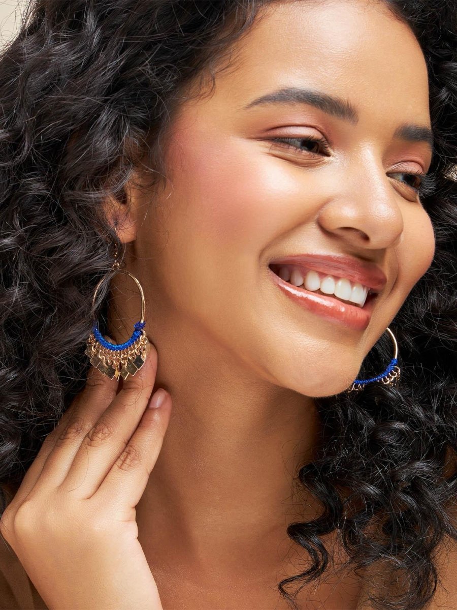 Beruzu - Indo-Western Gold Hoop Earrings with Diamond Charms and Blue Thread Accents - Beruzu Fashion