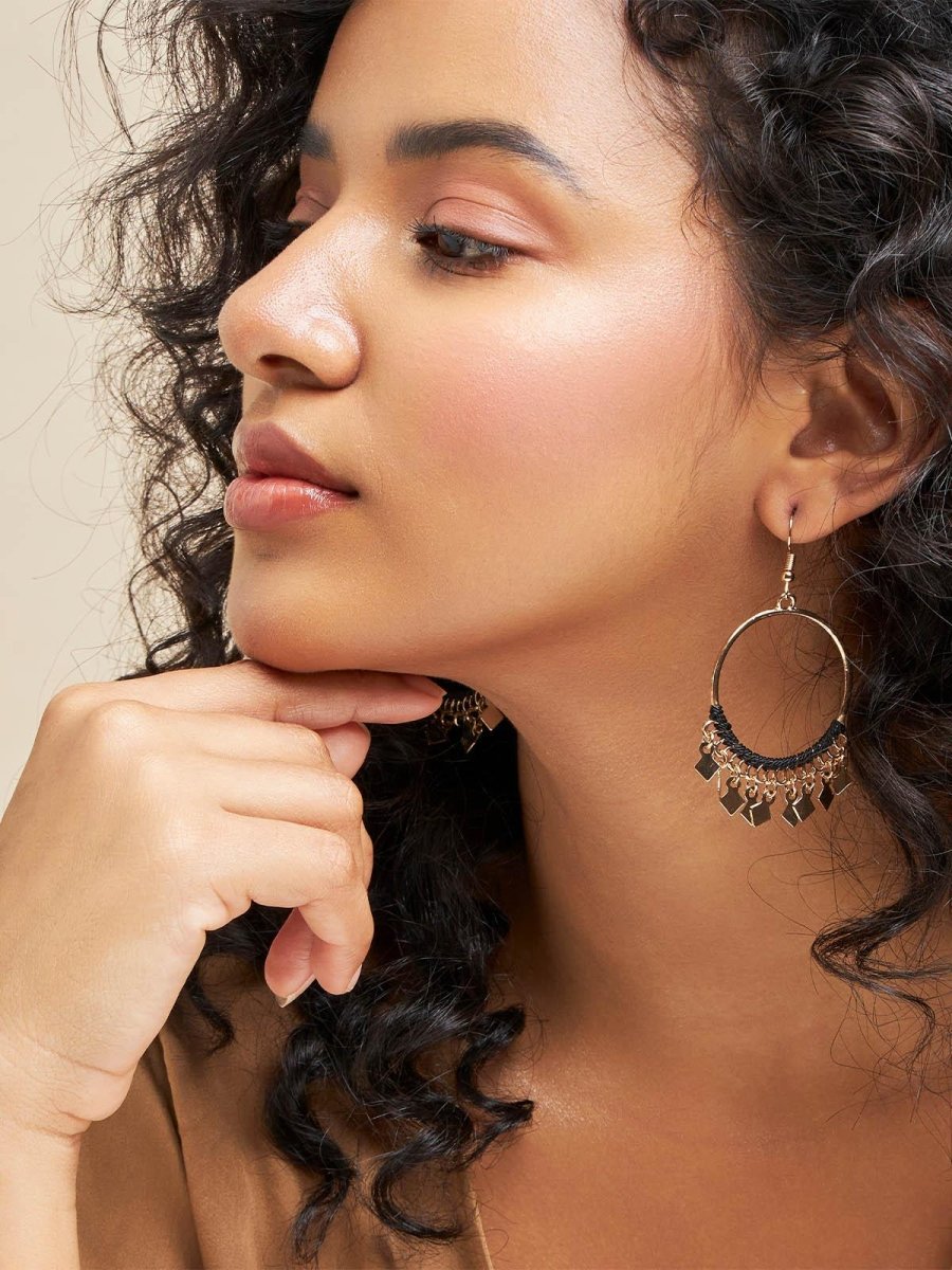 Beruzu - Indo-Western Gold Hoop Earrings with Diamond Charms and Blue Thread Accents - Beruzu Fashion