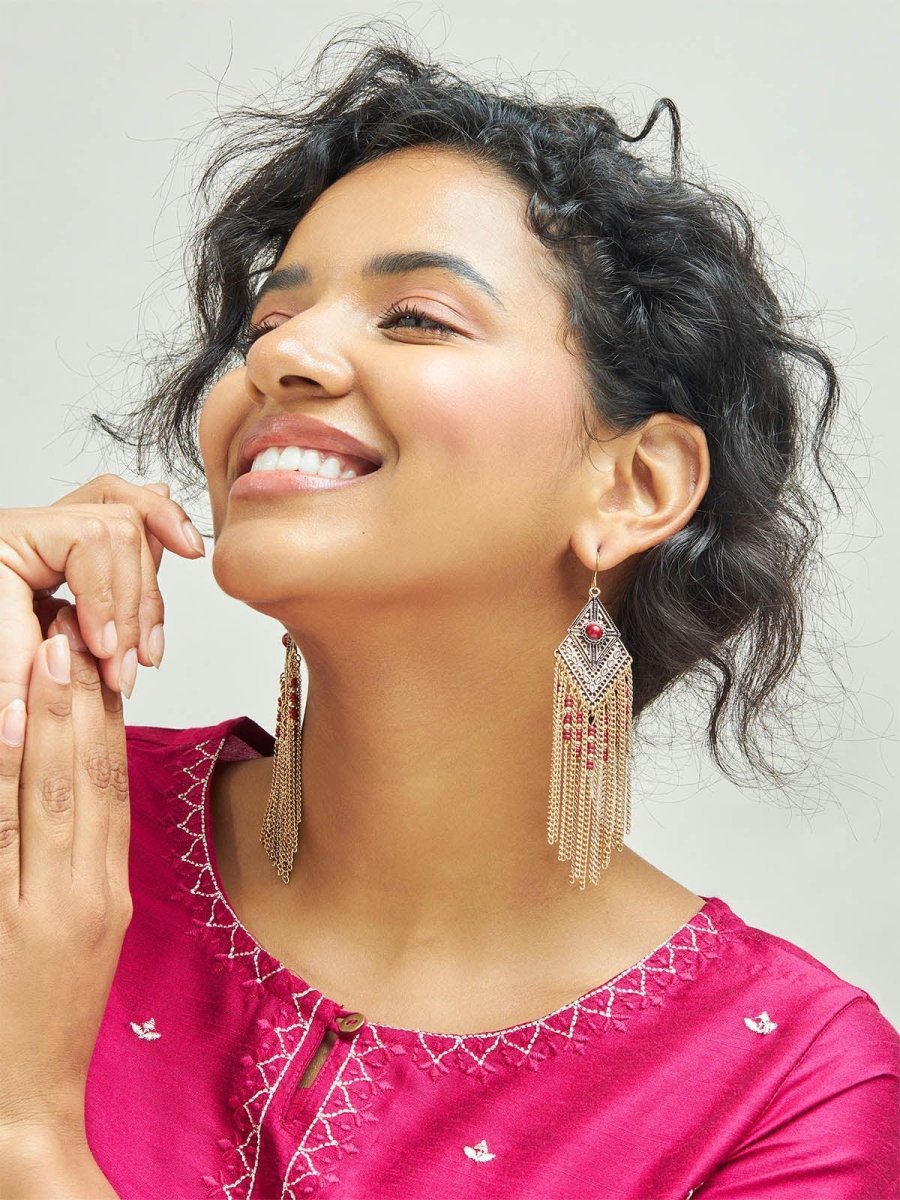 Beruzu - Indo-Western Mystic Eye Long Dangle Earrings with Beaded Chains in Blue and Red - Beruzu Fashion