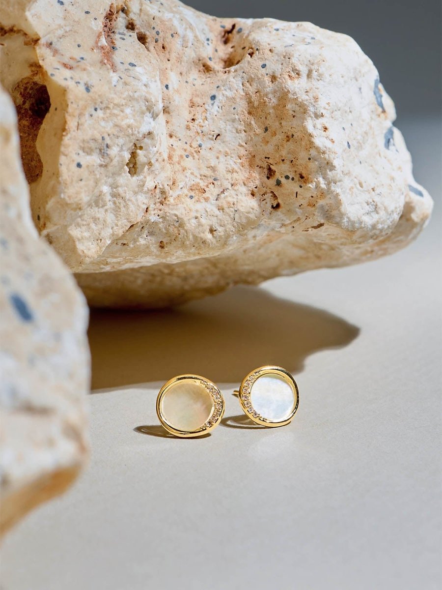 Beruzu - Korean Circular Stud Earrings in Gold and Rose Gold with Crystal and Enamel Accents