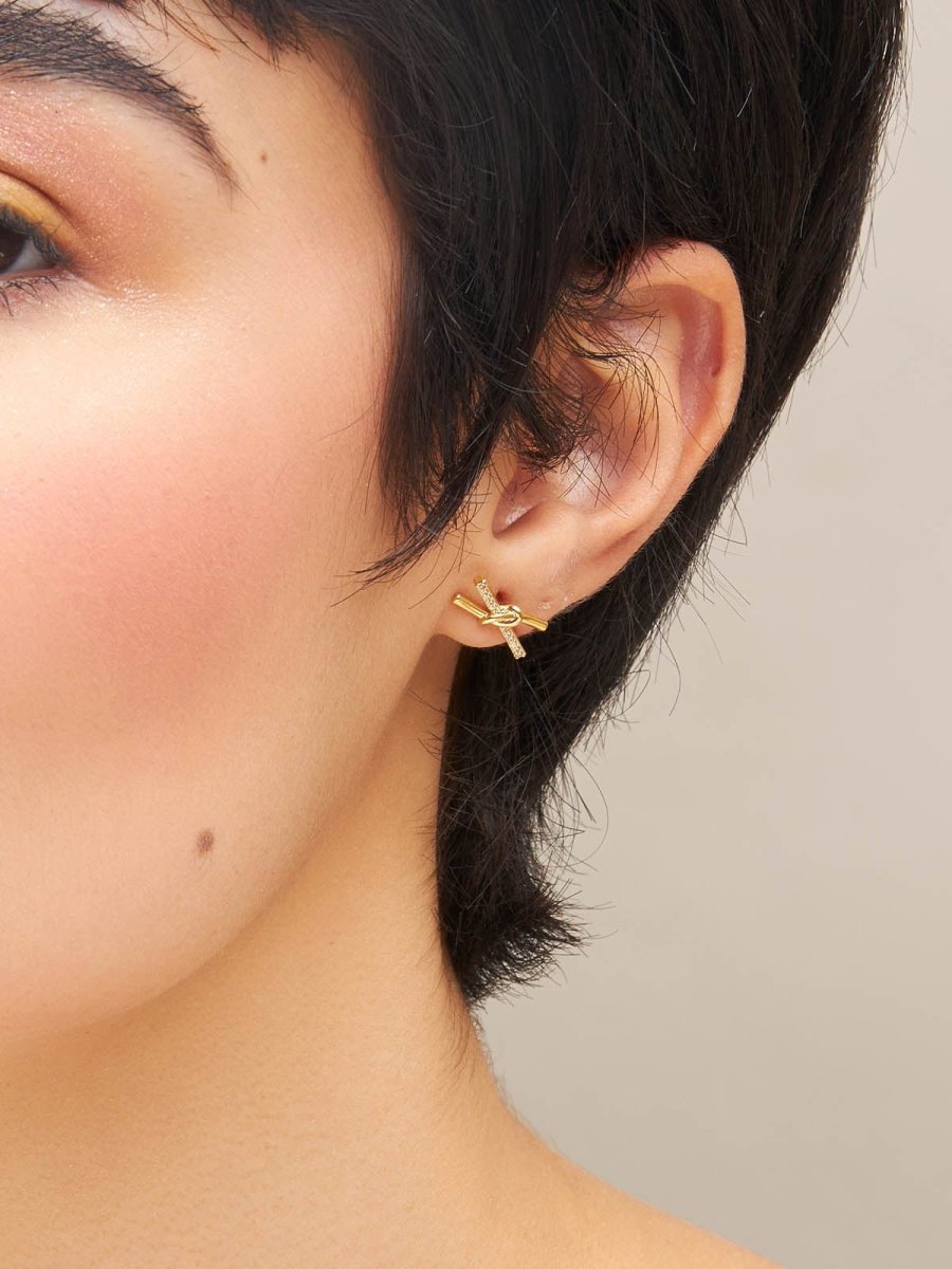Beruzu - Korean Cross X Structure Stud Earrings in Gold and Rose Gold with Crystal Accents - Beruzu Fashion