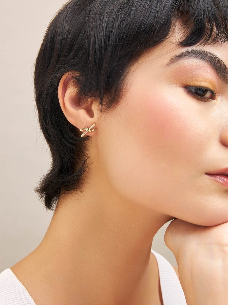 Beruzu - Korean Cross X Structure Stud Earrings in Gold and Rose Gold with Crystal Accents - Beruzu Fashion