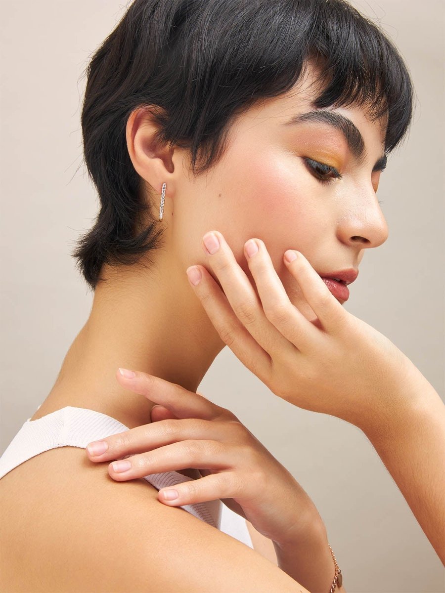 Beruzu - Korean-Inspired Gold Plated Curved Handle Earrings with Crystal Accents