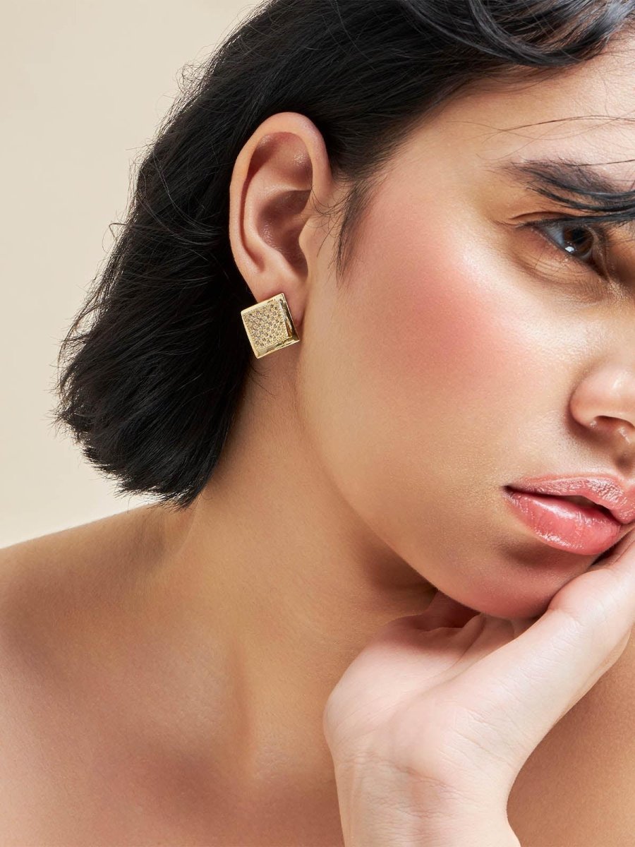 Beruzu - Korean Style Gold Plated Diamond-Shaped Earrings with Embedded Diamonds - Beruzu Fashion