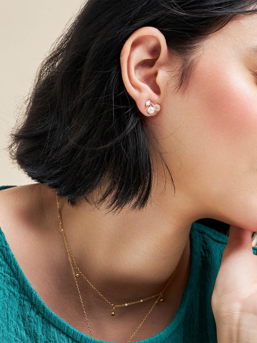 Beruzu - Korean Style Leaf and Fruit Stud Earrings in Gold Finish - Beruzu Fashion