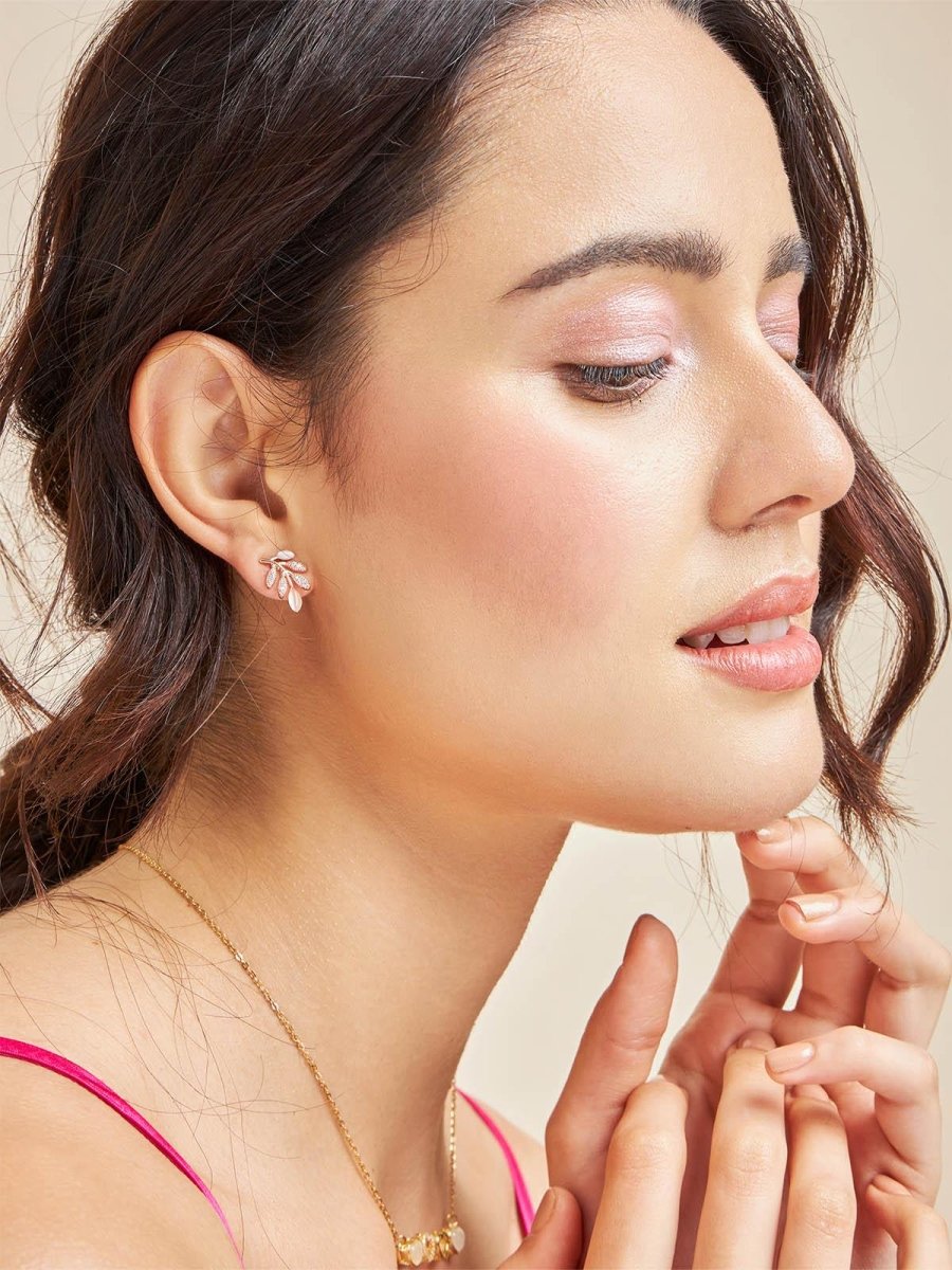 Beruzu - Korean Style Leaf Cluster Stud Earrings in Gold and Rose Gold Finish with Crystal and Enamel Accents - Beruzu Fashion