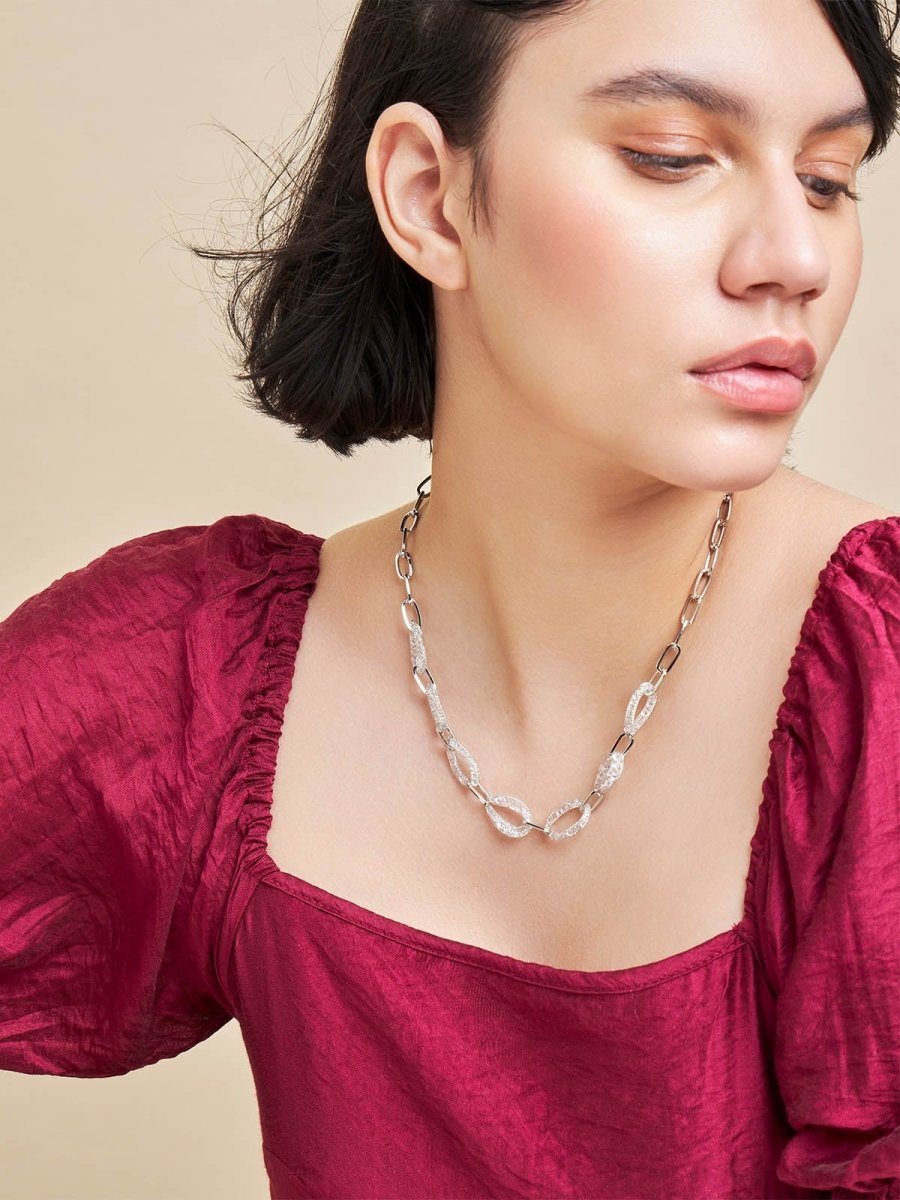 Beruzu - Luminous Crystal Cascade Necklace with Silver Oval Link Chain - Beruzu Fashion