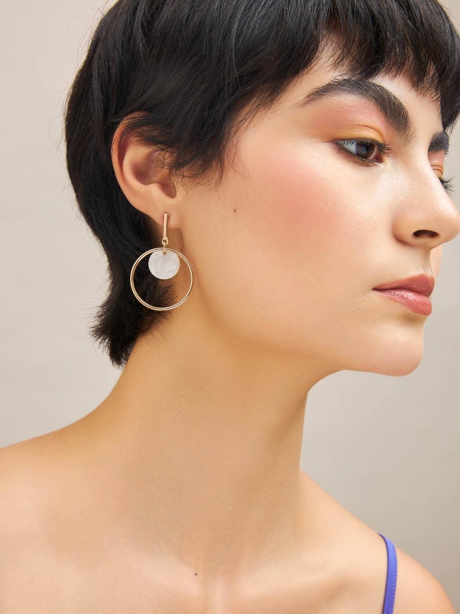 Beruzu - Modern Indo-Western Large Hoop Earrings with White Marble Acrylic Stone - Beruzu Fashion