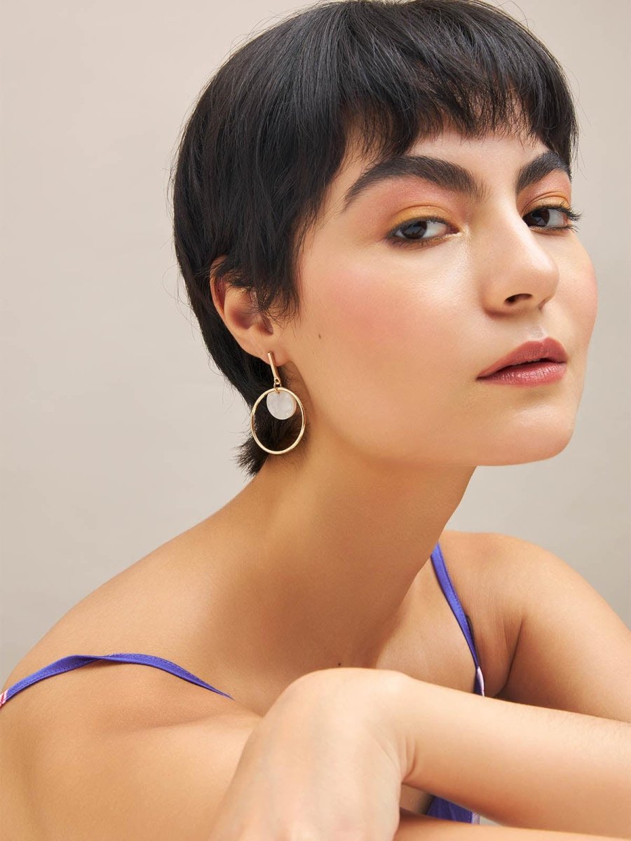 Beruzu - Modern Indo-Western Large Hoop Earrings with White Marble Acrylic Stone - Beruzu Fashion