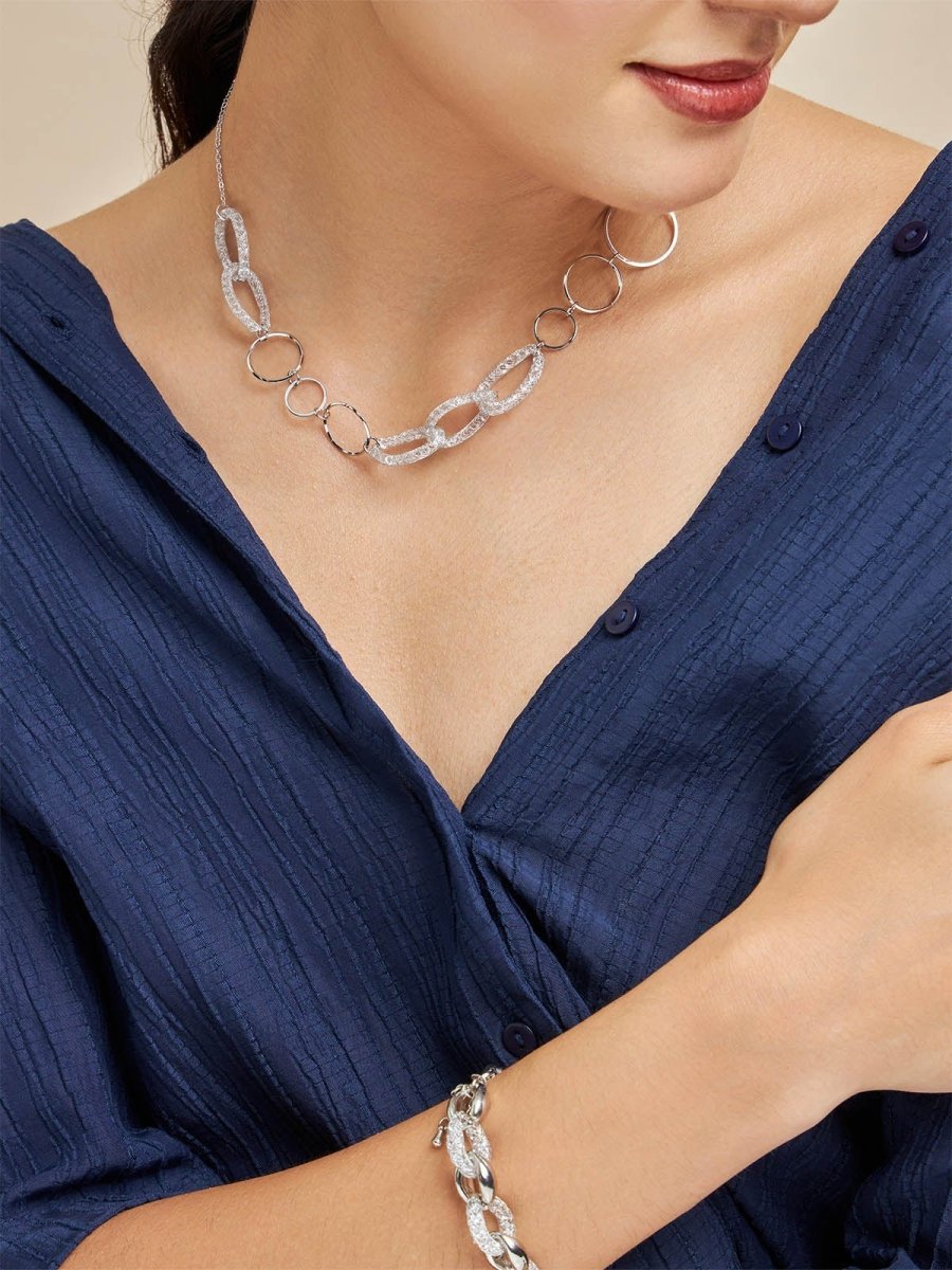 Beruzu - Modern Silver Hoop Necklace with Select Crystal Mesh Accents - Beruzu Fashion