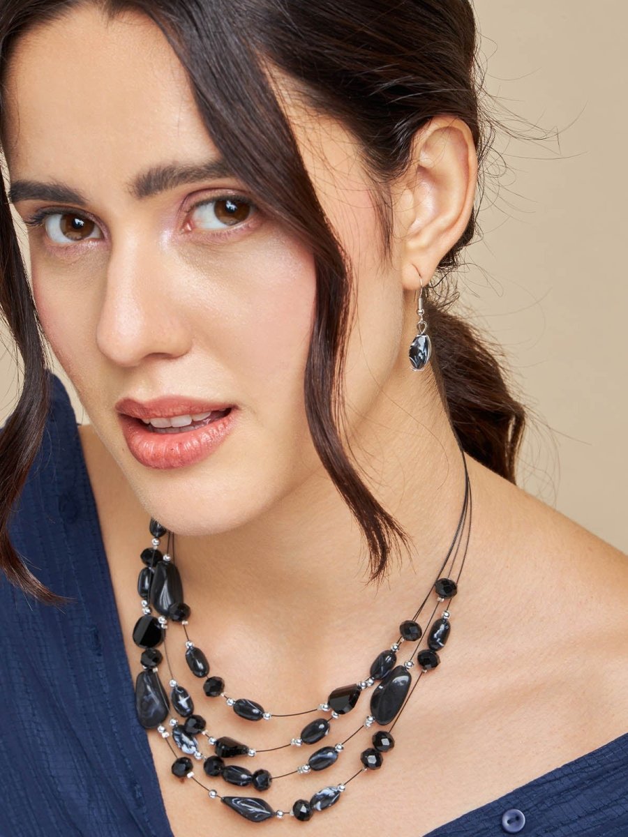 Beruzu - Multi-Strand Black String Necklace with Varied Black Stone Shapes