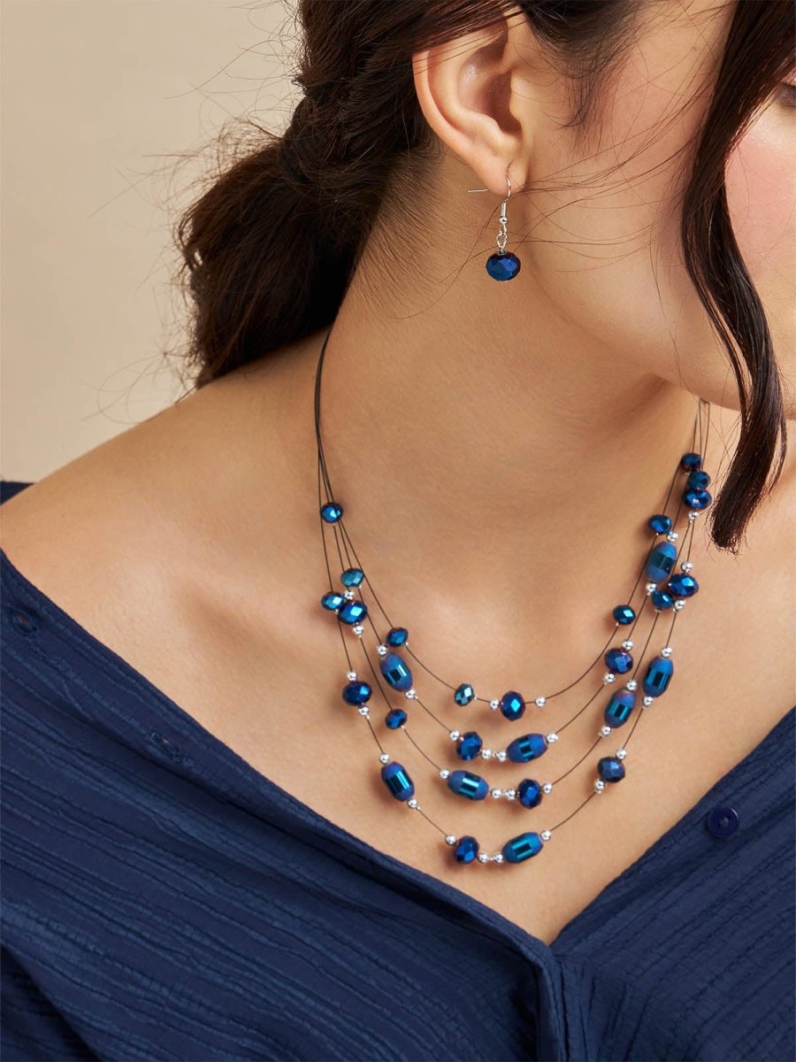 Beruzu - Multi-Strand Necklace with Blue Beads and Silver Accents