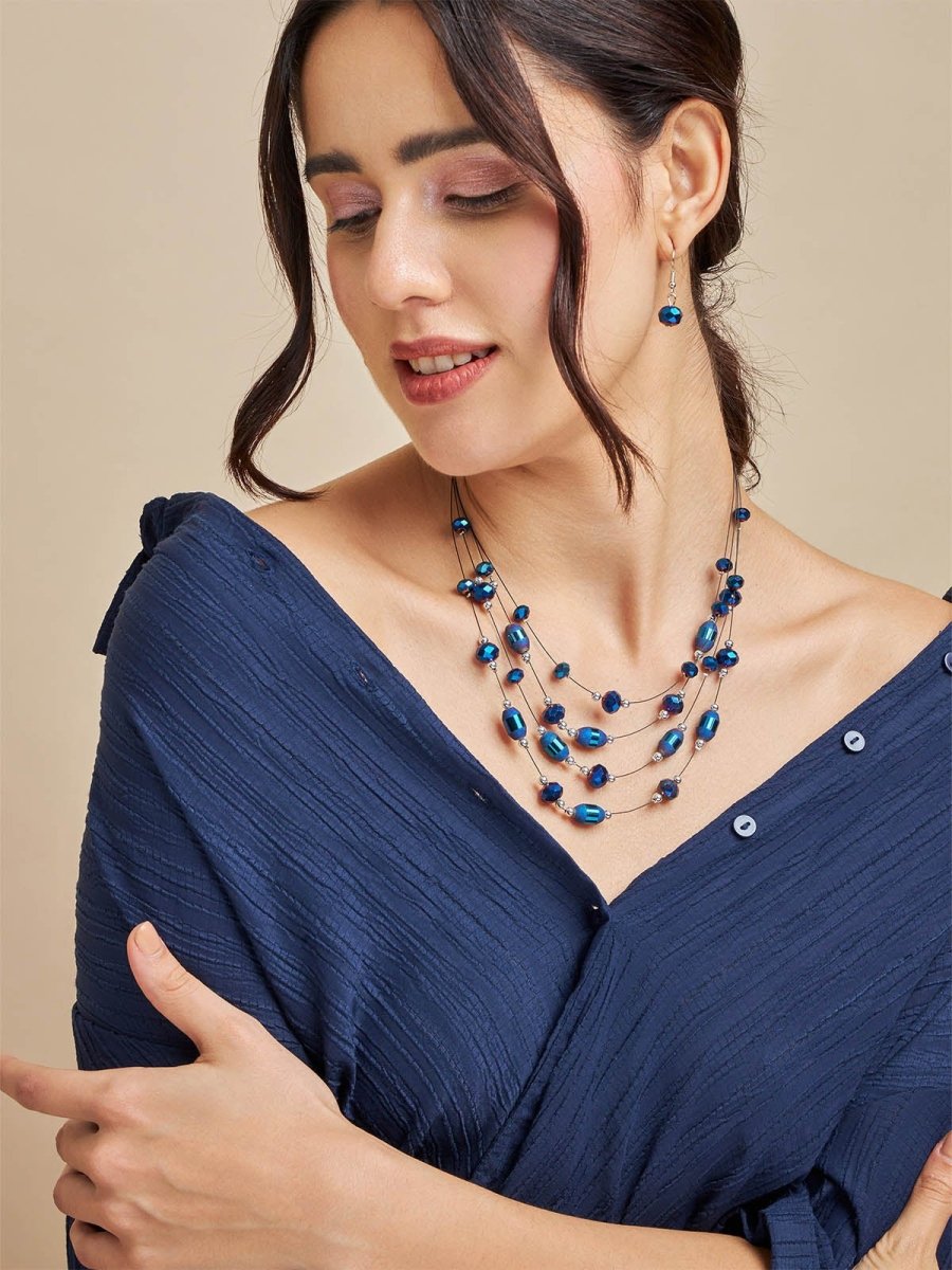Beruzu - Multi-Strand Necklace with Blue Beads and Silver Accents
