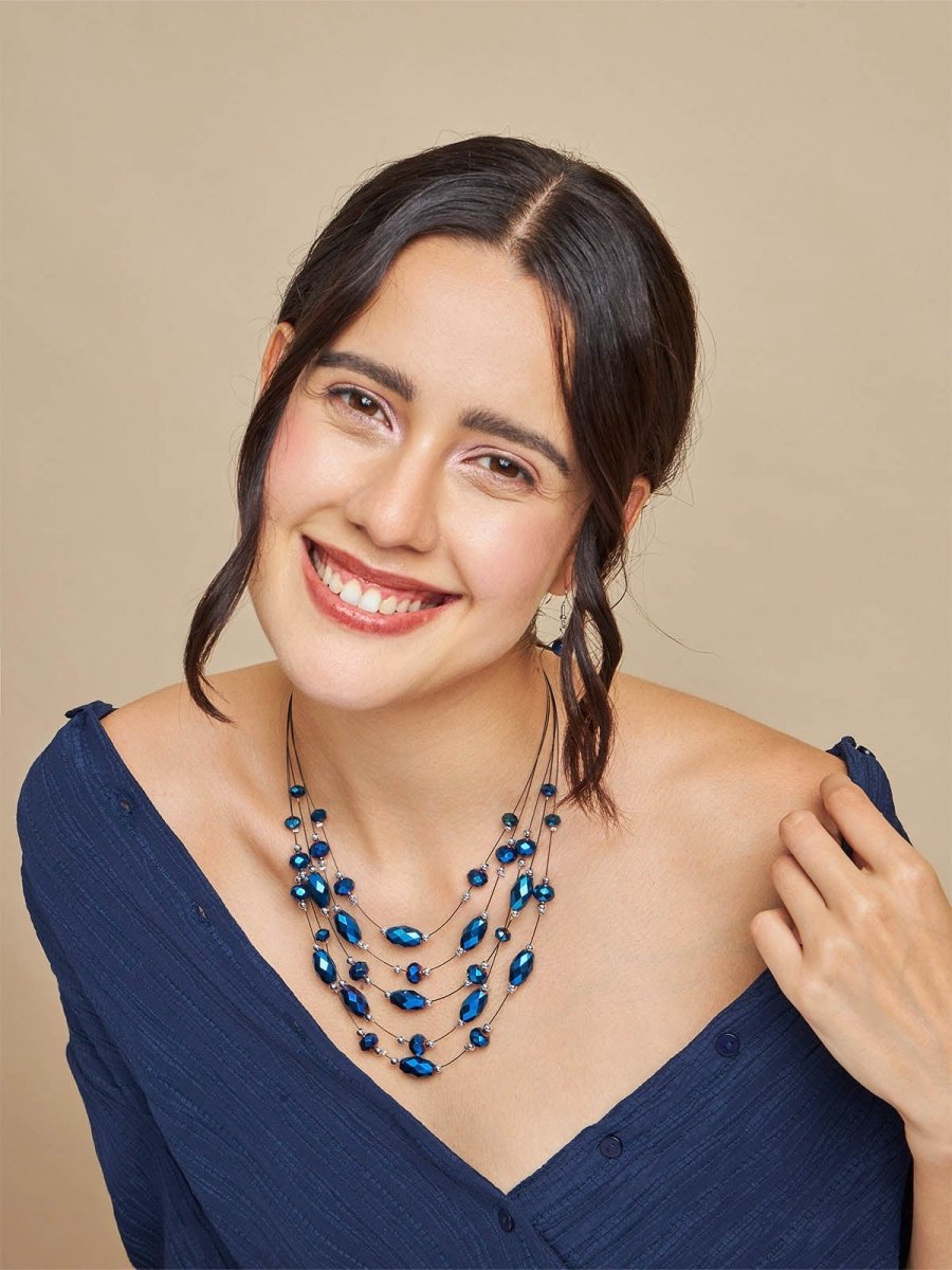 Beruzu - Organized Gradient Blue and Silver Bead Multi-Strand Necklace