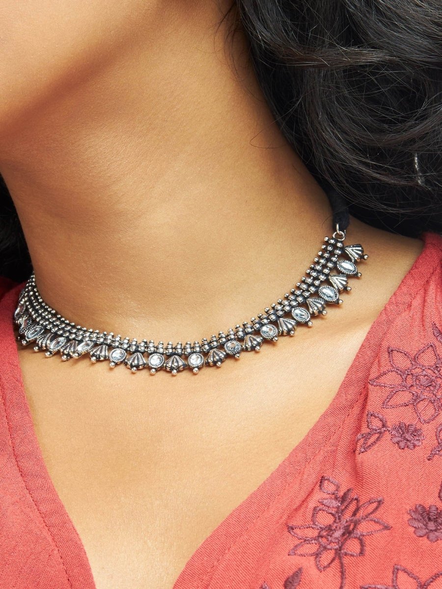 Beruzu - Oxidized Silver Finish Close Neck Necklace and Earring Set with Floral and Crystal Accents - Beruzu Fashion