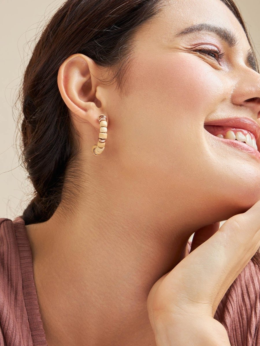 Beruzu - Rose Gold Hoop Earrings with Wood and Gold Disc Bead Accents - Beruzu Fashion