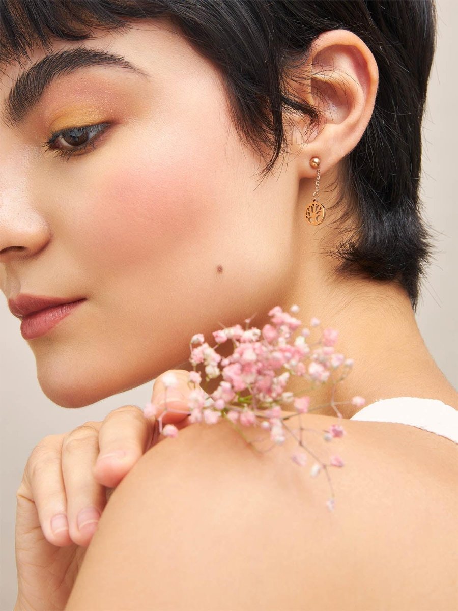 Beruzu - Rose Gold Tree of Life Drop Earrings with Link Chain Detail - Beruzu Fashion